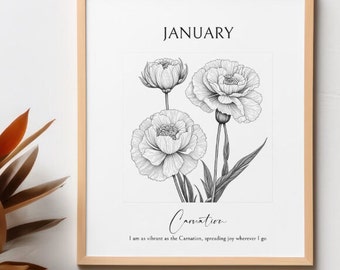 January Carnation Birth Flower Affirmation Wall Art, Wood Frame Poster Print, Gift for Birthday, Grandmother Garden Personalised Nursery