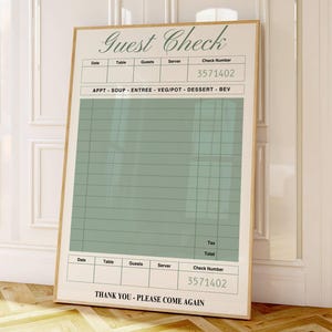 Blank Guest Check Print, Retro Green Guest Check Wall Art, Blank Gift, Aesthetic Preppy Prints, Vintage Apartment Wall Decor Trendy Wall Art