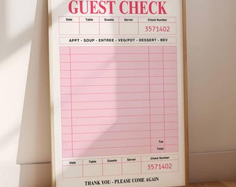 Impresión de cheque de invitado en blanco, arte de pared vintage con cheque de invitado rosa, regalo en blanco, impresiones estéticas preppy, decoración de pared para apartamento, arte de pared moderno