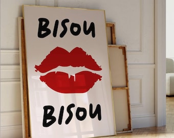 Bisou Bisou Franse kus poster Franse rode lippen print Home decor Franse muur kunst chique kunst rood en zwart decor galerij muur kunst ijdelheid print