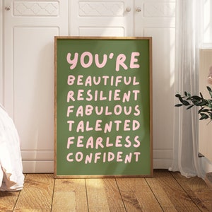 Impresión de afirmación "Eres increíble" / Póster rosa claro y verde salvia / Póster de afirmaciones positivas / Arte mural divertido / Afirmaciones para niños