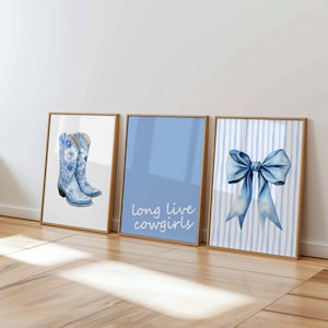 Blue Coastal Cowgirl Wall Art Set of 3 Prints, Long Live Cowgirls Poster, Blue Bow Coquette Print, Trendy Preppy Western Cowboy Dorm Decor