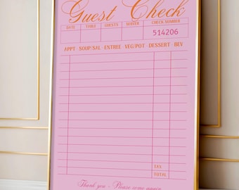 Blank Guest Check Poster, Vintage Pink and Orange Guest Check Wall Art, Aesthetic Preppy Poster, Trendy Apartment Wall Decor, Retro Receipt