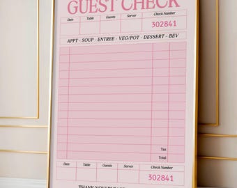 Impresión de cheque de invitado en blanco, arte de pared vintage con cheque de invitado rosa, regalo en blanco, impresiones estéticas preppy, decoración de pared para apartamento, arte de pared moderno