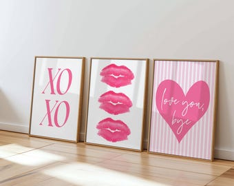 Trendig rosa väggkonst set med 3, Kyss läppar-poster, Älskar dig hejdå, XOXO-tryck, estetisk preppy rosa hjärta-lägenhets-/studentrumsdekor, tjejrumskonst
