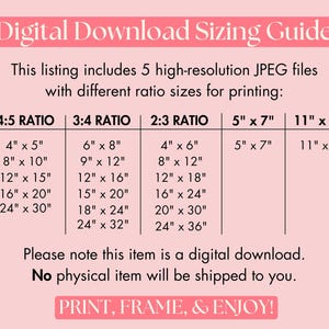 May include: A pink and white chart with the text "Digital Download Sizing Guide". The chart shows different aspect ratios for digital downloads, including 4:5, 3:4, 2:3, 5" x 7", and 11" x 14". Each ratio has a list of different size options in inches.