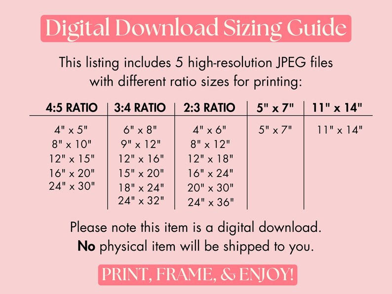 May include: A pink and white chart with the text "Digital Download Sizing Guide". The chart shows different aspect ratios for digital downloads, including 4:5, 3:4, 2:3, 5" x 7", and 11" x 14". Each ratio has a list of different size options in inches.
