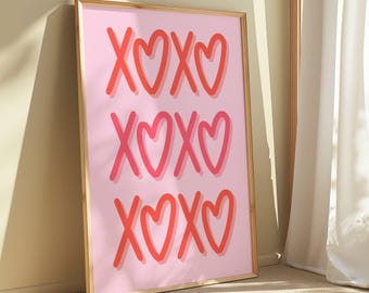 XOXO Print Hugs and Kisses Wall Art Trendy Pink Heart Poster Kolorowy pokój w akademiku Romantyczna sztuka do sypialni Plakat typograficzny POBIERANIE CYFROWE