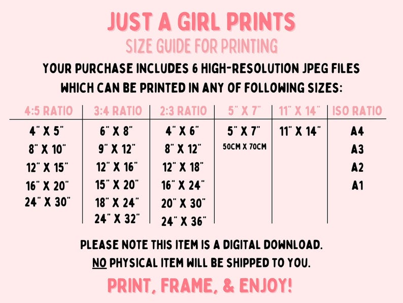 Op de afbeelding: Een roze en witte tabel met de tekst "Just a Girl Prints" en "Maattabel voor afdrukken". De tabel geeft verschillende afdrukformaten in inches weer voor de verhoudingen 4:5, 3:4, 2:3, 5 x 7 en 11 x 14. Ook worden de ISO-papierformaten A4, A3, A2 en A1 weergegeven. De tekst "Let op: dit artikel is een digitale download. Er wordt geen fysiek artikel naar u verzonden. Afdrukken, inlijsten en genieten!" staat onderaan de tabel.