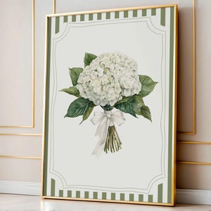 Hydrangea Print, White Hydrangea Coquette Floral Decor, Green Striped Botanical Nursery Art, Grandmillenial, Cottagecore, Coastal Wall Art