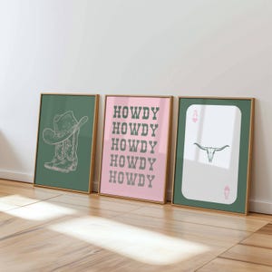 Cowgirls Print Set of 3, Girly Western Wall Art, Cowboy Boots Dorm Room Poster, Howdy Print, Preppy Pink and Green Prints, Digital Download