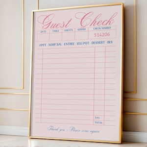May include: A framed pink "Guest Check" print with gold trim. The text includes "Guest Check", "Date", "Table", "Guests", "Server", "Check Number", and a list of food categories. The check number is 514206. The bottom reads "Thank you - Please come again."