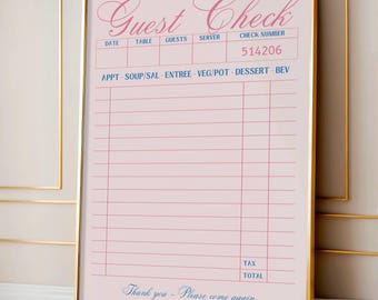 Blank Guest Check Poster, Vintage Pink Guest Check Wall Art, Blank Gift, Aesthetic Preppy Poster, Trendy Apartment Wall Decor, Retro Receipt