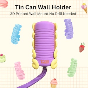 May include: A purple 3D printed tin can wall holder with yellow accents and a flexible purple cord. The text Tin Can Wall Holder and 3D Printed Wall Mount No Drill Needed is printed at the top. The holder is surrounded by small illustrations of sweets.