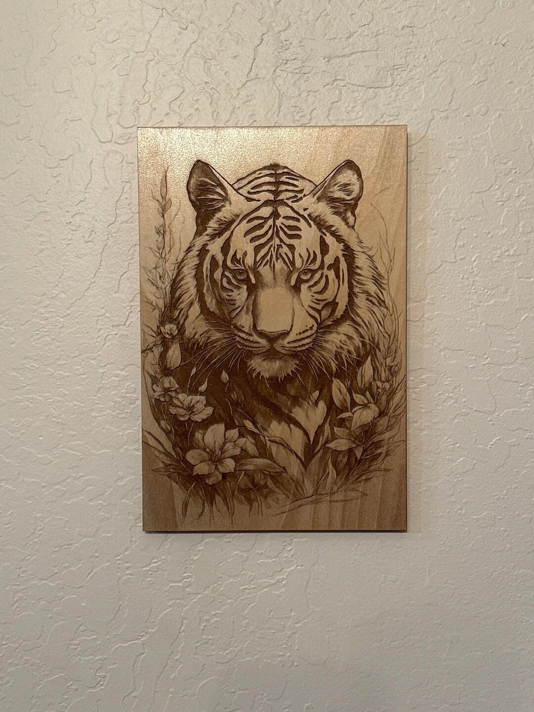 Tiger in Flowers Wood Engraved Wall Art Etsy