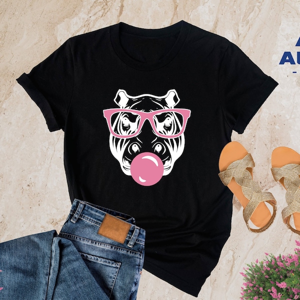 Hippo with Glasses and Bubble Gum T-Shirt, Funny Wild Animal Lover Shirt, Cool Hippo  Shirt for Women, Cute Hippo Tee , Safari Africa Shirt