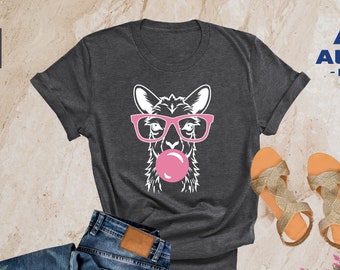Llama with Glasses and Bubble Gum T-Shirt, Funny Animal Lover Shirt, Cool Llama Shirt for Women, Cute Llama Tee , Llama Shirt, Llama Mom