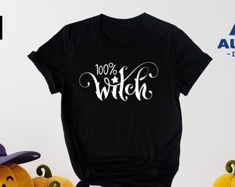 May include: Black t-shirt with white text that says "100% Witch" with a star above the "W".