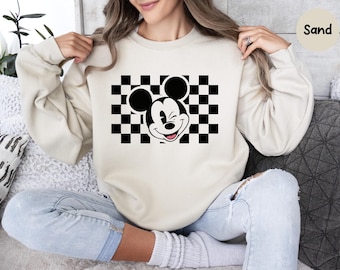 Retro Mickey Sweatshirt, Mickey Mouse Sweatshirt, Checkered Disney Sweatshirt, Disney Girl Trip, Vintage Disney Tee, Disney Women Girl Gift