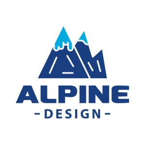 May include: A logo for a design company called "Alpine Design". The logo features a stylized blue mountain range with white snow caps.