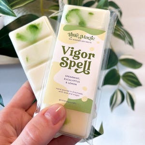 Op de afbeelding: Twee sojawas smeltstaven in een transparante plastic verpakking. De staven zijn wit met groene wervelingen en de verpakking leest "Vigor Spell" met geuren van spearmint, eucalyptus en citroen.