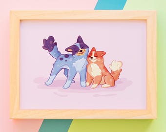 Lámina artística A6 de Bluey y Bingo: regalo de fan art dibujado a mano para niños