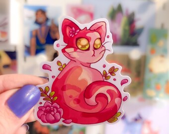 Magical Cat Flower Vinyl Sticker: Witchy Familiar, Laptop Decal