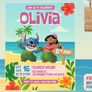 Invitation d'anniversaire Lilo et Stitch, invitation modifiable imprimable personnalisée pour les filles modèle d'invitation de fête de point, carte d'anniversaire numérique inviter