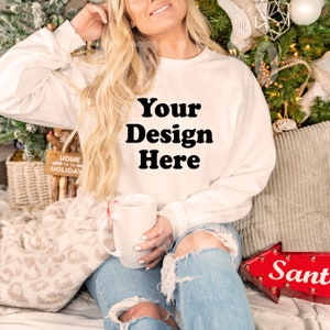 Gildan 18000 Sweatshirt Mockup - White Sweatshirt - Heavy Blend Sweatshirt - Model Mockup - Holiday Mockup - Christmas Mockup