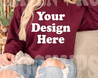 Gildan 18000 Sweatshirt Mockup, Maroon Sweatshirt,  Crewneck Sweatshirt Mockup, Gildan Maroon Mockup, Sweatshirt Mockup, Christmas Mockup