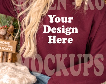 Gildan 18000 Sweatshirt Mockup, Maroon Sweatshirt,  Crewneck Sweatshirt Mockup, Gildan Maroon Mockup, Sweatshirt Mockup, Christmas Mockup