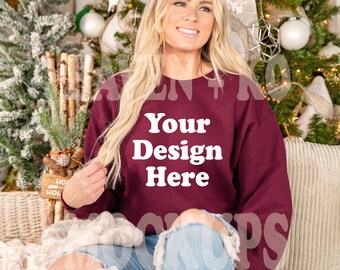 Gildan 18000 Sweatshirt Mockup, Maroon Sweatshirt,  Crewneck Sweatshirt Mockup, Gildan Maroon Mockup, Sweatshirt Mockup, Christmas Mockup