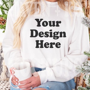 Gildan 18000 Sweatshirt Mockup - White Sweatshirt - Heavy Blend Sweatshirt - Model Mockup - Holiday Mockup - Christmas Mockup