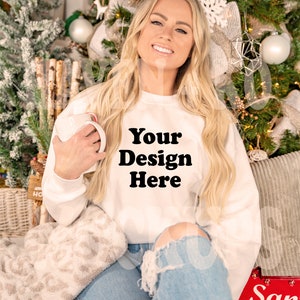 Gildan 18000 Sweatshirt Mockup - White Sweatshirt - Heavy Blend Sweatshirt - Model Mockup - Holiday Mockup - Christmas Mockup