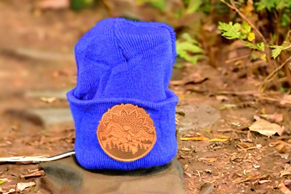 Mandala Beanie - Knit Mountain Beanie - Mountain Mandala Beanie - Camping Hat - Boho Mandala Gift - Leather Patch Hat - Custom Beanie Hat