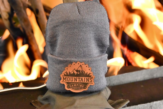 Mountain Beanie - Mountain Hat - Custom Beanie Hat - Personalized Beanie - Mountain Lover Gift - Leather Patch Beanie - Custom Beanie Gift