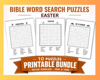 May include: A printable bundle of Bible word search puzzles for Easter. The image shows three pages with word search grids and the words "Crucified", "Easter", and "He is Risen!" at the top. The bundle includes 10 puzzles and is available for instant download.