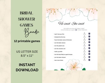 May include: Printable bridal shower game with a floral design. The game is called "He said, She said" and asks players to circle the bride or groom for each statement. The game is 8.5 inches by 11 inches.