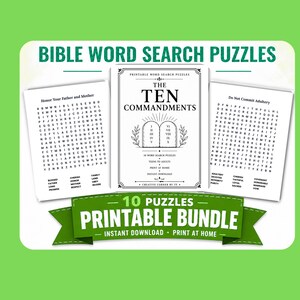 May include: A printable Bible word search puzzle bundle featuring a central cover page titled The Ten Commandments with two flanking puzzle sheets titled Honor Your Father and Mother and Do Not Commit Adultery, all on white paper.