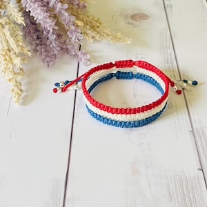 Patriotic Macrame Bracelet Stack Red White Blue Handmade Adjustable Jewelry USA