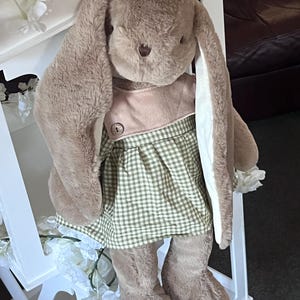 May include: A plush brown bunny wearing a green and white gingham dress with a brown button. The bunny has long, white ears and a pink nose.