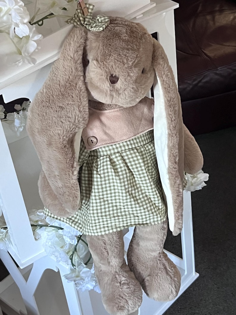 May include: A plush brown bunny wearing a green and white gingham dress with a brown button. The bunny has long, white ears and a pink nose.