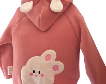 Pink Lined Hooded Jacket: White Eared Rabbit Motif Jacket