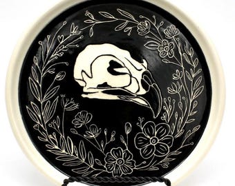 Hawk Skull Plate with Floral Border, Black and White, Hand-carved 6" Plate