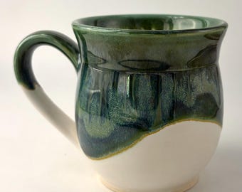 Handmade Green & White Mug | 11oz Ceramic Coffee Cup
