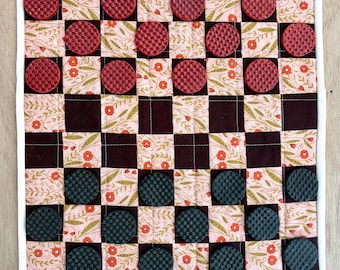 Quilted Checkers Board with Handmade Ceramic Checkers