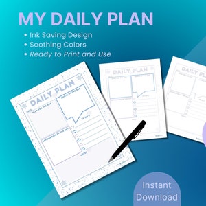 Peut inclure: Trois pages de planificateur quotidien imprimables au format US Letter. Chaque page présente un motif de flocon de neige bleu et blanc avec des sections pour la planification, les affirmations, les listes de tâches et les notes. Le texte "DAILY PLAN" est en haut de chaque page.