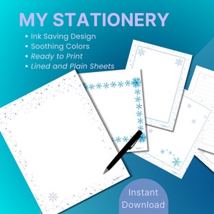 Snowflakes Minimalist Writing Paper, 20 Unique Stationery Sheets, US Letter Size, Printable Lined Writing Paper, Plain Letter Writing Pages