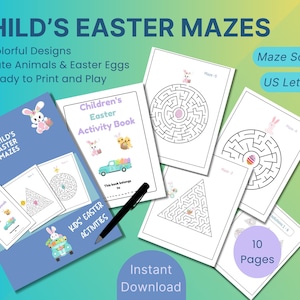 Może przedstawiać: Drukowana książka z grami i zabawami na Wielkanoc, zawierająca 10 stron z labiryntami z uroczymi zwierzętami i jajkami wielkanocnymi. Książka jest przeznaczona dla dzieci i zawiera rozwiązania labiryntów. Książka jest dostępna w formacie US Letter i w formacie PDF.
