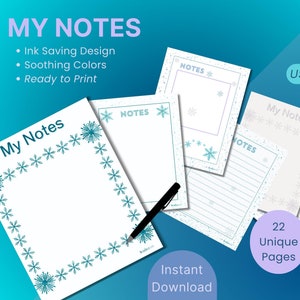 Peut inclure: Plusieurs pages imprimables "My Notes" au format US Letter, avec des motifs de flocons de neige et le texte "My Notes". Les pages non datées sont au format PDF. La conception comprend des fonctionnalités d'économie d'encre et des couleurs apaisantes.
